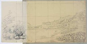 Das Elbtal bei Rathen in der Sächsischen Schweiz, mit Blick auf die Basteifelsen und das Erbgericht nach Nordwesten, Vorzeichnung mit Raster