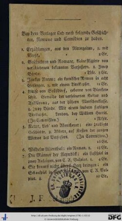 Von dem Verleger sind noch folgende Geschichten, Romane und Comödien zu haben.