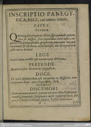 Inscriptio Panegyrica, Regi, cui omnia vivunt, Sacra