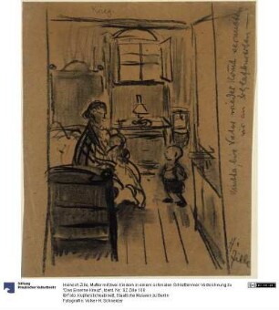Mutter mit zwei Kindern in einem schmalen Schlafzimmer. Vorzeichnung zu "Das Eiserne Kreuz"