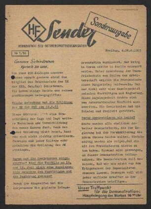 'HF-Sender', Sonderausgabe' [Flugblatt], Nr.1/1953 (26. Juni 1953)