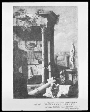 Antike Ruinen mit einer Statue und Staffagefiguren