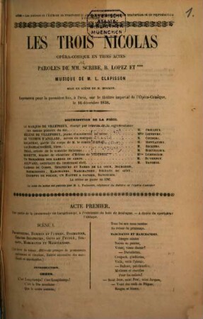 Les trois Nicolas : Opéra-comique en trois actes