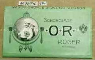 Papierbanderole für Schokoladentafel "SCHOKOLADE O R RÜGER" (Abbildung des Firmenmaskottchens Hansi)