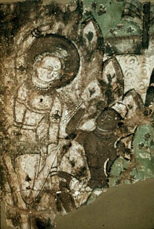 Jataka: Bodhisattva auf einem Fuß stehend, begleitet von einem dunkelhäutigen sitzend Mann. (Aus einer Berglandschaft)