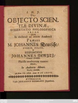 De Obiecto Scientiae Divinae, Dissertatio Philosophica Prior