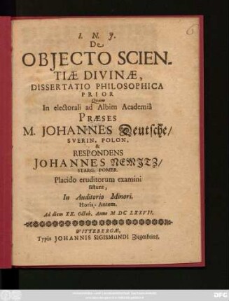 De Obiecto Scientiae Divinae, Dissertatio Philosophica Prior