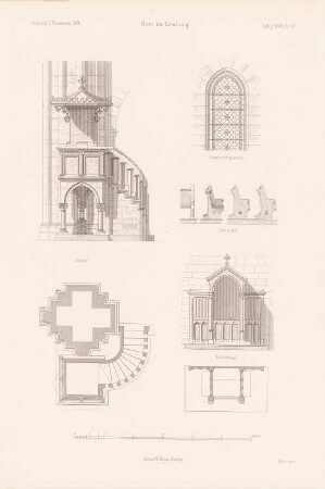 Limburger Dom: Ansicht Beichtstuhl, Kanzel, Details (aus: Atlas zur Zeitschrift für Bauwesen, hrsg. v. G. Erbkam, Jg. 24, 1874)