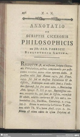 Annotatio De Scriptis Ciceronis Philosophicis Ex Jo. Alb. Fabricii Bibliotheca Latina