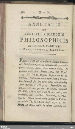 Annotatio De Scriptis Ciceronis Philosophicis Ex Jo. Alb. Fabricii Bibliotheca Latina