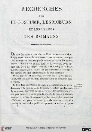Recherches sur le costume, les moeurs, et les usages des Romains