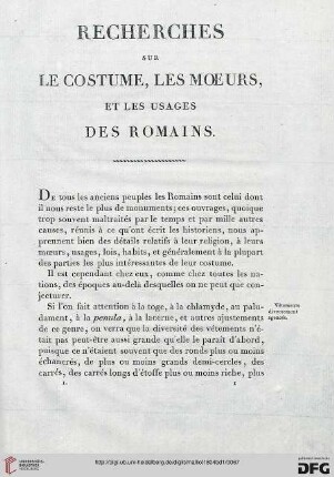 Recherches sur le costume, les moeurs, et les usages des Romains
