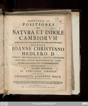 Dispvtatio III Positiones De Natvra Et Indole Cambiorvm