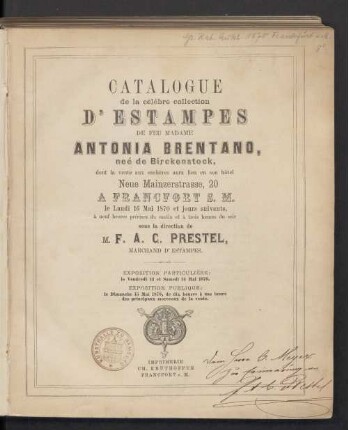 Collection d'estampes de ... Antonia Brentano, née de Birckenstock : 16.5.