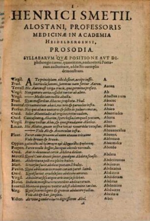 Prosodia : promtissima, quae syllabarum positione & diphthongis carentium quantitates, sola veterum poetarum auctoritate, adductis exemplis demonstrat