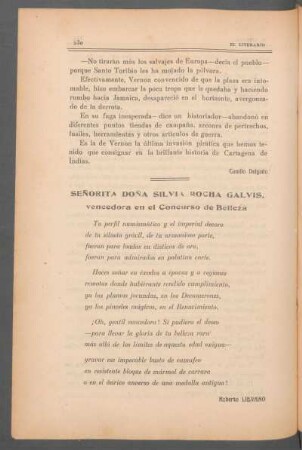 Señorita doña Silvia Rocha Galvis, vecedora en el concurso de belleźa