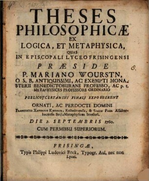 Theses ex universa logica, et metaphysica