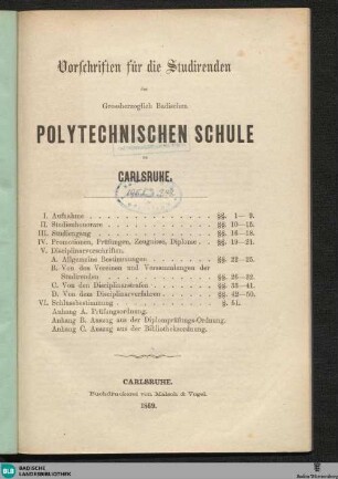 1869: Vorschriften für die Studirenden der Grossherzoglich Badischen Polytechnischen Schule zu Carlsruhe