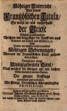 Nöthiger Unterricht von den französischen Tituln