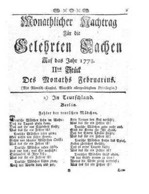 Monathlicher Nachtrag [...] Auf das Jahr 1778. IItes Stück Des Monaths Februarius