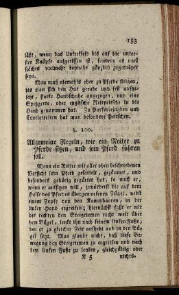 §. 100. Allgemeine Regeln, wie ein Reiter zu Pferde sitzen, und sein Pferd führen soll. - §. 125. Wie ein Kourier angezogen seyn, und sein Pferd führen müsse.