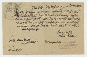 Postkarte von George Grosz an Raoul Hausmann. Berlin-Wilmersdorf