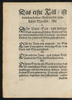 Das erste Teil/ ist von den hohen Artikeln der göttlichen Maiestet ...