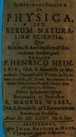 Quaestiones Selectae Ex Physica, Seu Rerum Naturalium Scientia