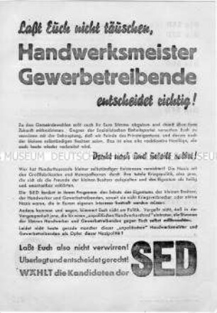 Propagandaflugblatt der SED zur Gemeindewahl 1946 mit Ausrichtung auf die Handwerker