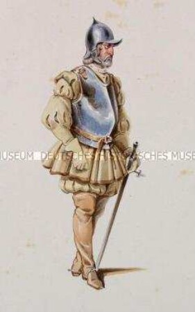Mann mit Brustharnisch über braunem Schoßrock, mit Helm und Degen - Tafel aus Franceschini/Kostümbilder (Kassette 2)