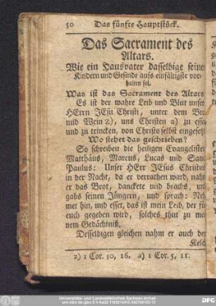 [Das fünfte Hauptstück.] Das Sacrament des Altars. Wie ein Hausvater dasselbige seinen Kindern und Gesinde aufs einfältigste vorhalten sol.
