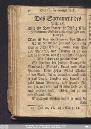 [Das fünfte Hauptstück.] Das Sacrament des Altars. Wie ein Hausvater dasselbige seinen Kindern und Gesinde aufs einfältigste vorhalten sol.