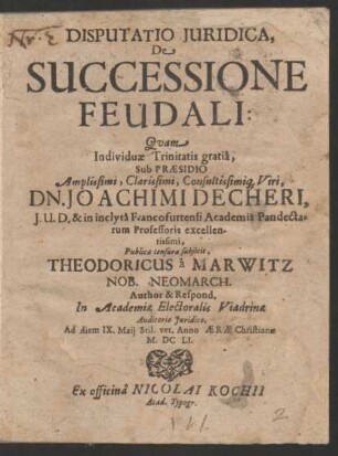 Disputatio Iuridica, De Successione Feudali
