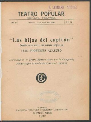 2.1920=Nr. 23: "Las hijas del capitán" : comedia en un acto y tres cuadros