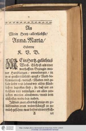 An Mein Herz-allerliebste/ Anna-Maria/ Geborene R. V. B.