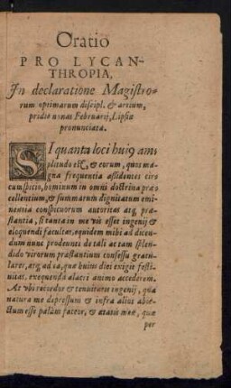 Oratio Pro Lycanthropia ...