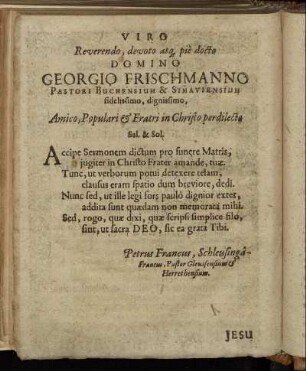 Viro Reverendo, [...] Domino Georgio Frischmanno [...]