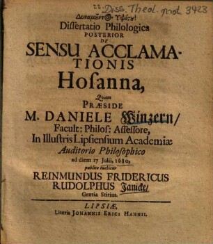 Dissertatio Philologica Posterior De Sensu Acclamationis Hosanna