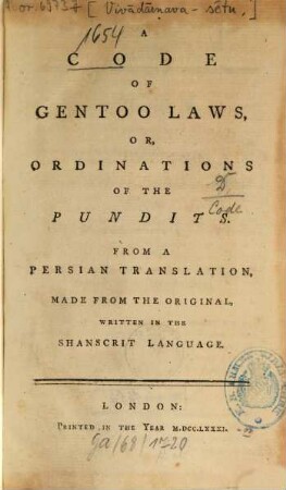 A Code of Gentoo laws, or, ordinations of the Pundits