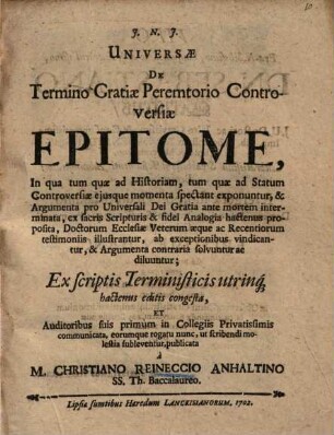 Universae de termino gratiae peremtorio controversiae epitome ...