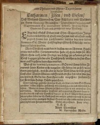 [...]nen Ehrbaren und Ehren-Tugendsamen Jungfrawen Catharinen/ Ilsen/ und Gesen/ [...] hinterlassenen Töchtern [...]