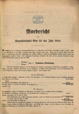Staatshaushaltsplan : für d. Rechnungsjahr .... 1854