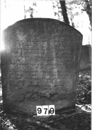 Grabstein 979 (Index: 99899525) Material: Sandstein Zustand: unten stark verwittert Maße HxBxT: 92x70x8 cm Beschreibung: Stele mit Segmentbogenabschluss: Grabstein 979