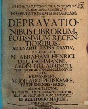 Diss. hist. de depravationibus librorum, potissimum recentioribus
