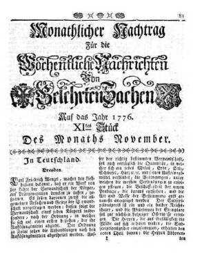 Monathlicher Nachtrag [...] Auf das Jahr 1776. XItes Stück Des Monaths November