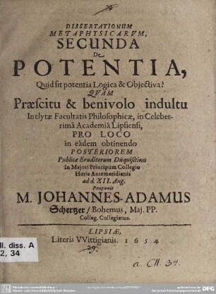2: ... Dissertationum methaphysicarum de potentia, prooemialis, quid sit possibile et ens potentia