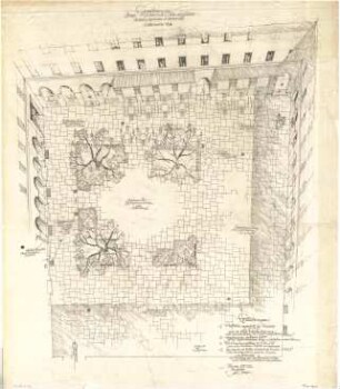 Gsaenger, Gustav; München, Theatinerstr.; Bayerisches Kultusministerium, Erweiterung - Erweiterungsbau, Ladenhof (Geometrische Vogelperspektive), Hof (Grundriss)