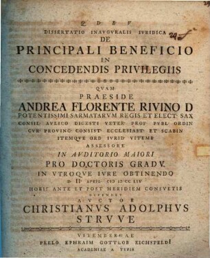 Diss. inaug. iur. de principali beneficio in concedendis privilegiis