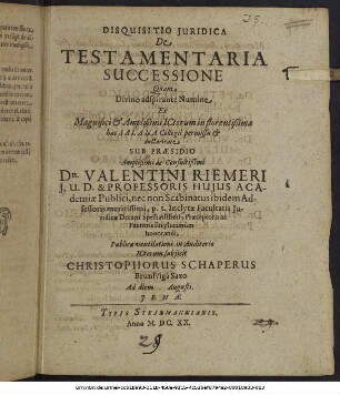 Disquisitio Iuridica De Testamentaria Successione