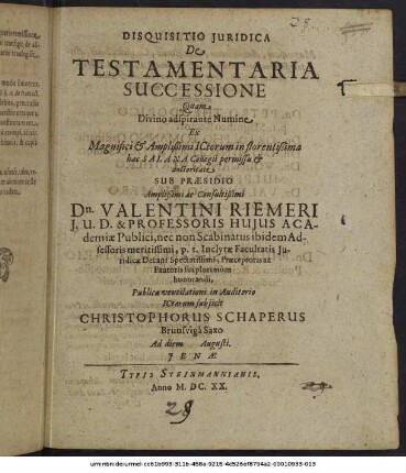 Disquisitio Iuridica De Testamentaria Successione